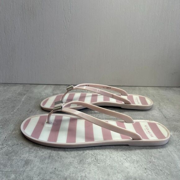 Coach Landon Pink White Stripe Jelly Bow Thong Flip Flop Sandals Women Size 8B - Picture 2 of 10